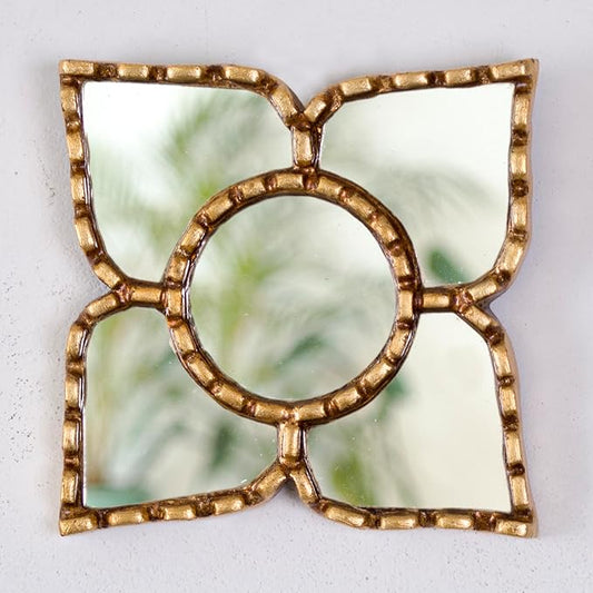 Small Gold Peruvian Mirror Bronze Leaf Frame Handmade Wall Decor 6" Square - 8.3" Diamond - Gift Mothers Day (Gold)