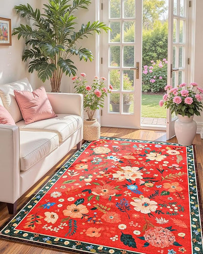 Macgace 4x6 Floral Rug for Girls Bedroom, Machine Washable Area Rugs with Non Slip Backingfor Living Room, Cute Flowers Carpet Kitchen Dining Room Kids Playroom Decor, Christmas Red