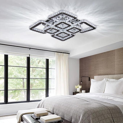 FRIXCHUR Square Crystal Chandelier 20 Inch Flush Mount Ceiling Light 8 Light Modern LED Crystal Ceiling Fixture with 3 Color Light for Bedroom Living Room Dining Room