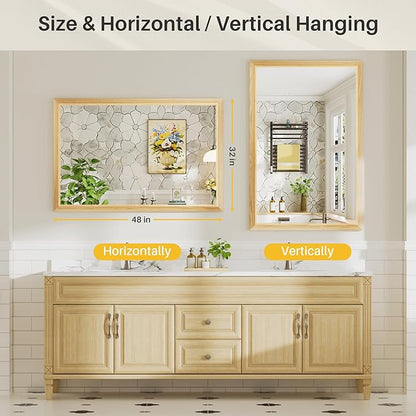 48x32 Inch Bathroom Mirror for Wall, Anti-Rust Oak Wood Grain Metal Framed Bathroom Mirrors for Over Sink,Rectangler Mirrors for Bathroom Vanity, Farmhouse, Bedroom, Living Room, Entryway Decor