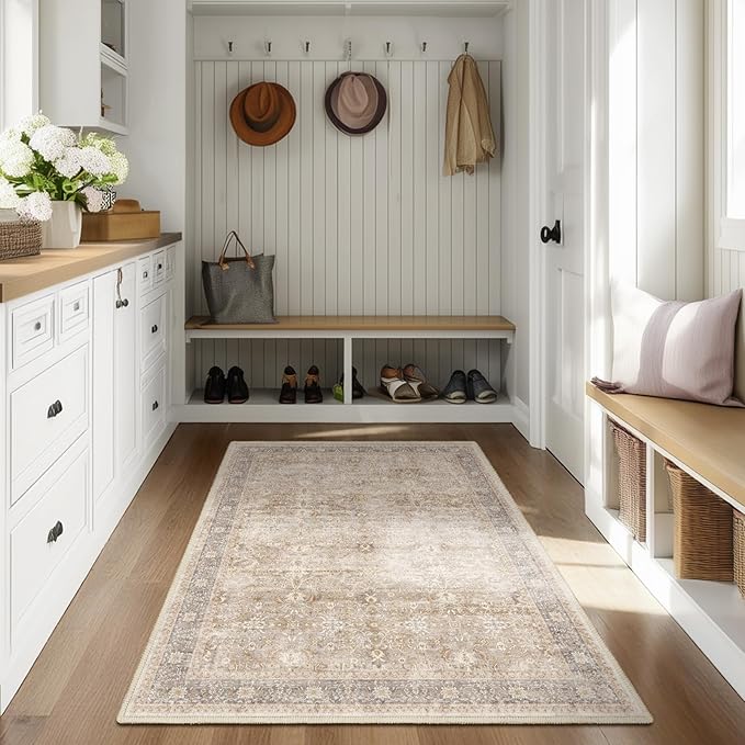 Beige 4x6 Washable Rug, Small Area Rugs for Entryway Kitchen Bathroom with Rubber Backing Non Slip, Vintage Neutral Low Pile Thin Throw Carpet Rug for Foyer/Nursery/Home Office/Living Room