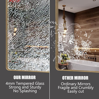 48x36 Inch Gold Bathroom Mirror, Brushed Metal Framed Gold Wall Mirror, Modern Rounded Rectangle Brass Vanity Mirror, Shatterproof, Anti-Rust (Horizontal/Vertical)