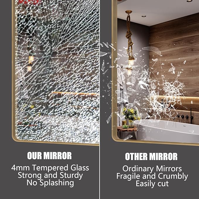 55x30 Gold Bathroom Mirror, Brushed Metal Frame Gold Vanity Mirror, Large Rectangle Mirror for Wall, Rounded Corner, Shatterproof, Anti-Rust (Horizontal/Vertical)