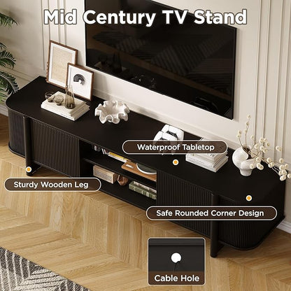 Vabches 70" Mid Century TV Stand for TVs up to 80 Inch,Fluted Entertainment Center with Storage and Adjustable Shelves,Modern Media Console Table for Living Room,Bedroom,Black