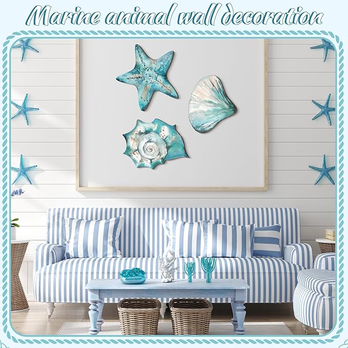 Tatuo 3 Pcs Summer Coastal Wall Decor Bathroom Beach Blue Wall Art Sea Turtle Surfboard Seahorse Starfish Seashell Conches Crabs Sea Life Decor for Bedroom Home (Shells,Conch,Starfish)