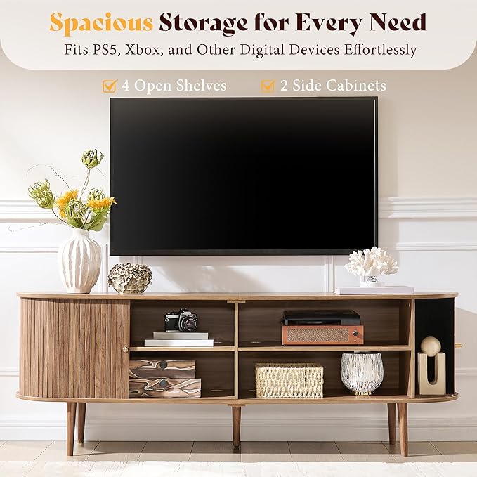AMERLIFE 70" Mid-Century Modern TV Stand, TV Console Table for TVs up to 80 Inch, Fluted Wood Media Console with Storage, Solid Wood Legs, Walnut