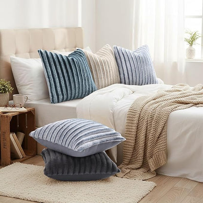 decorUhome Cozy Faux Fur Throw Pillow Covers 16x16 Set of 2 Decorative Soft Plush Striped Modern Farmhouse Boho Couch Pillow Cases with Velvet Back for Sofa Bed Living Room, Blue Grey
