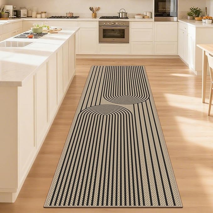 Easy Jute Hallway Runner Rug, 2' x 8' Kitchen Runner, Black Farmhouse Ultra-Thin Washable Non-Slip Carpet Runner for Laundry, Bedroom, Backyard, Outdoor, Home Decor