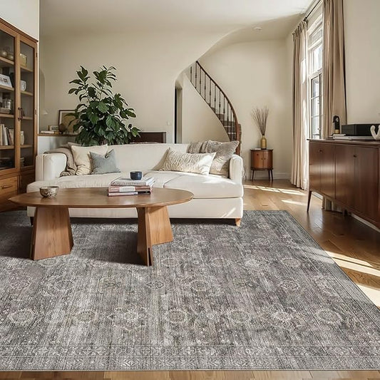 Rugxara 6x9 Area Rugs for Living Room Bedroom, Large Washable Rug, Grey Vintage Retro Boho Rug, Non Slip & Low Pile Faux Wool Thin Carpet for Indoor Dining Room and Kids Room(Taupe/Grey 6x9ft)