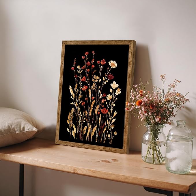 JLTULT Vintage Floral on Black Background Canvas Wall Art, Elegant Dark Wildflower Wall Decor, Botanical Painting Art Prints for Bedroom Bathroom Living Room Office 12x16 In Wood Framed Easy to Hang