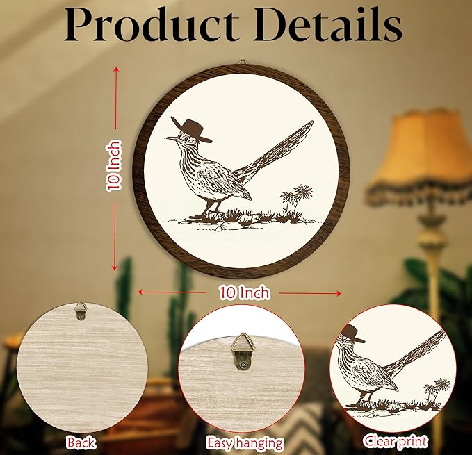 Xeqej Cowboy Roadrunner Hanging Wall Decor, Retro Cowboy Round Wooden Wall Art, Wild West Art, Trendy Western Boho Decorations for Apartment Home Dorm Living Room Bedroom Bathroom Kitchen Office, 07