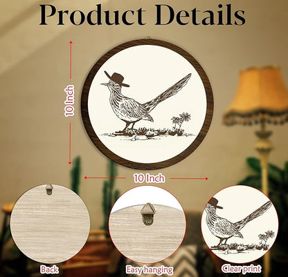 Xeqej Cowboy Roadrunner Hanging Wall Decor, Retro Cowboy Round Wooden Wall Art, Wild West Art, Trendy Western Boho Decorations for Apartment Home Dorm Living Room Bedroom Bathroom Kitchen Office, 07