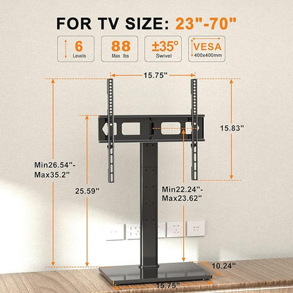 XINLEI Universal Swivel TV Stand Base Table Top TV Stand for 23-70 Inch TVs 70 Degree Swivel, 6 Height Adjustable Tall Monitor Mount Stand, Max VESA 400x400mm,Holds up to 88lbs TS206