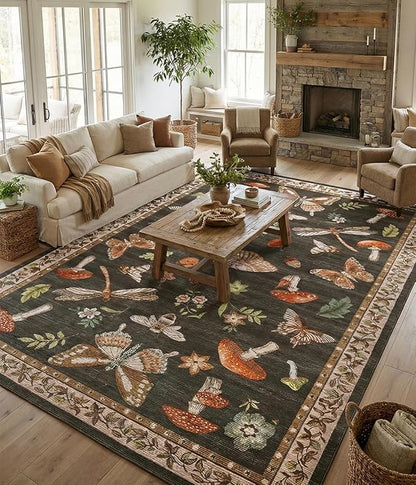 ROYHOME Mushroom Washable Rug 9x12 Area Rugs for Living Room, Insect Print Rug for Bedroom, Non Slip Throw Rugs with Rubber Back, Soft Low Pile Dining Room Under Table, Brown