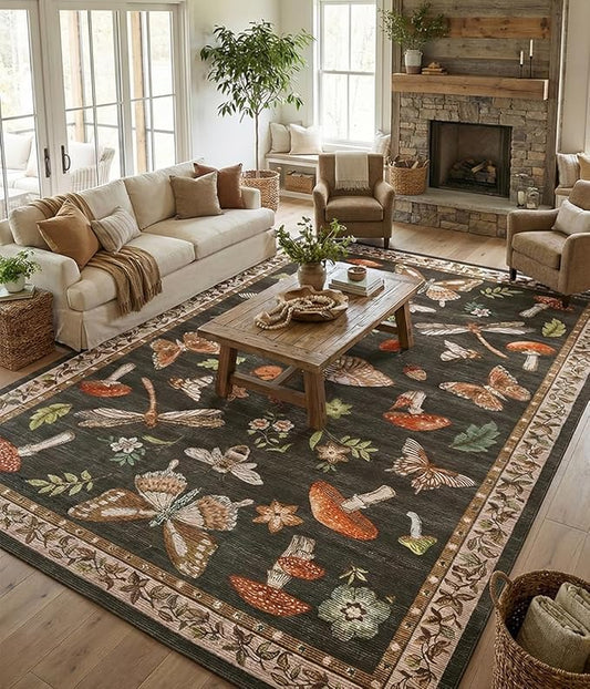 ROYHOME Mushroom Washable Rug 9x12 Area Rugs for Living Room, Insect Print Rug for Bedroom, Non Slip Throw Rugs with Rubber Back, Soft Low Pile Dining Room Under Table, Brown