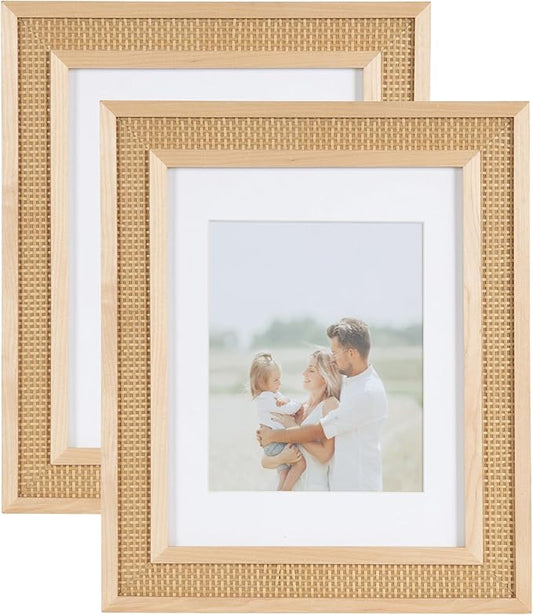 Kate and Laurel Corah Modern Faux Rattan Picture Frame Set of 2, 11 x 14 matted to 8 x 10, Natural, Boho Two-Piece Glass Photo Frame Set for Gallery Wall Design in Living Room Wall Decor