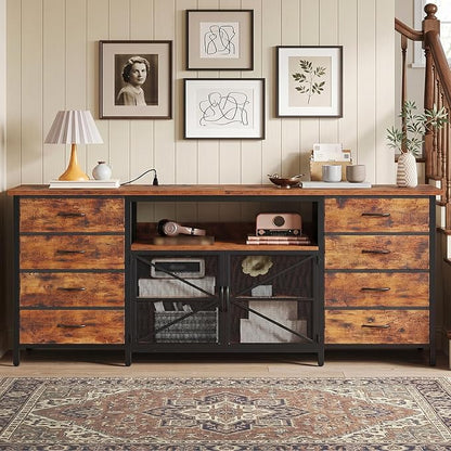 RALGEND Farmhouse TV Stand for 40/50/55 Inch TV, Small Entertainment Center with Storage Cabinets, Power Outlet & LED Light, Media Console Table with 8 Drawers for Living Room, Rustic Brown