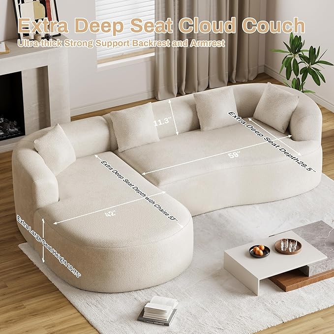 Luxury Modern Tight Curved Back Sofa, 111" Minimalist Style Comfy Couch for Living Room, 4 Seater Modular Chenille Sectional with 4 Throw Pillows,No Assembly Needed,Cream White(Left-Facing Chaise)