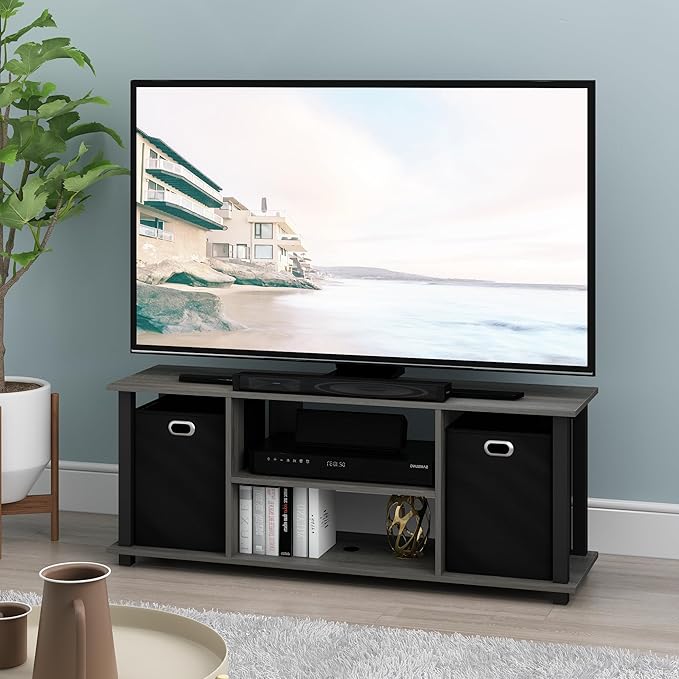 FURINNO Econ Entertainment Center, French Oak Grey/Black/Black