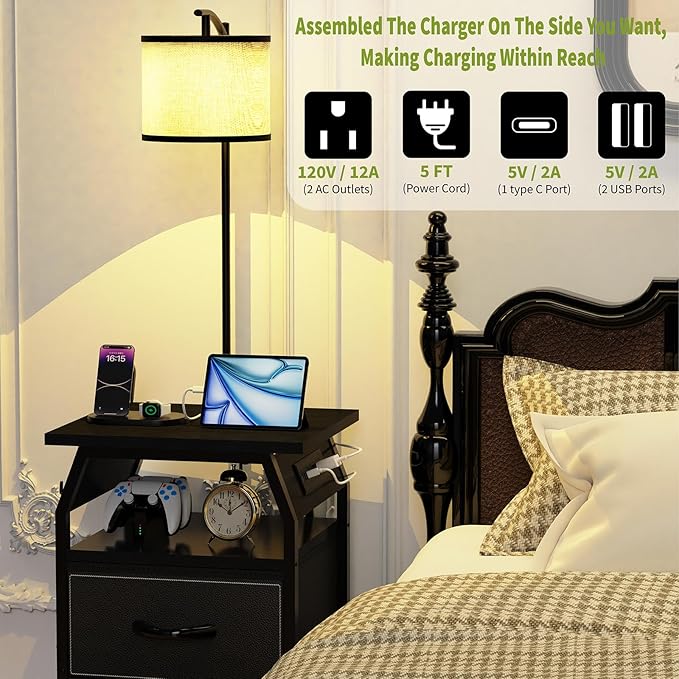 runjuly Floor Lamp with Table, End Tables with Lamps Attached 3-Color Temperature Bulb, Side Table with Lamp with 2 Drawers & Charging, Lamps Tables Combo for Bedroom, Dorm, Apartment - Black