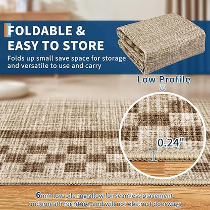 GarveeHome 5x7 Washable Area Rug for Bedroom Living Room Non Slip Modern Bordered Throw Rugs Low Pile Soft Checkered Dining Room Area Rugs Geometric Throw Carpet for Kitchen Nursery Office, Taupe