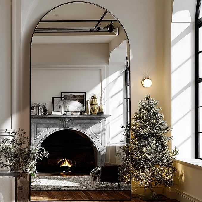 Beauty4U 79" x 39" Large Arched Full Length Mirror with Stand, Metal Frame Black Wall Mounting Full Body Tempered Mirror for Living Room, Bedroom