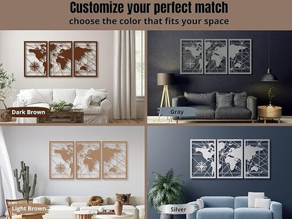 VAILLA World Map Wood Wall Art Decor Large Hanging Sculpture Modern Home Decoration Large Set of 3 Panels Map Wallart Botanical Wall Hangings Wooden Wall Arr 3D Textured Sculptures for Living Room Bedroom Office Dinnig Room