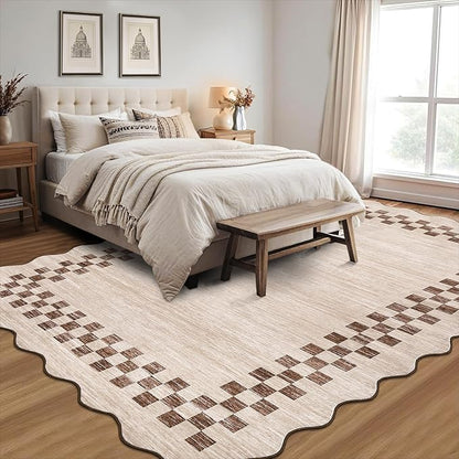 Small Bedroom Area Rug 3x5 Checkered Area Rug for Living Room Nursery Non Slip Kitchen Throw Carpet Low Pile Modern Bordered Rugs Washable Bathroom Mat Soft Brown Rugs for Laundry Entryway, Beige