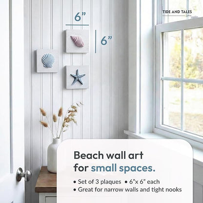 Tide and Tales 3D Beach Wall Art - Seashell with Starfish for Coastal Bathroom Decor, Ocean Inspired Decor for Bathroom, Coastal Bedroom, Living Room or Beach House, Set of 3 (6”x 6”)