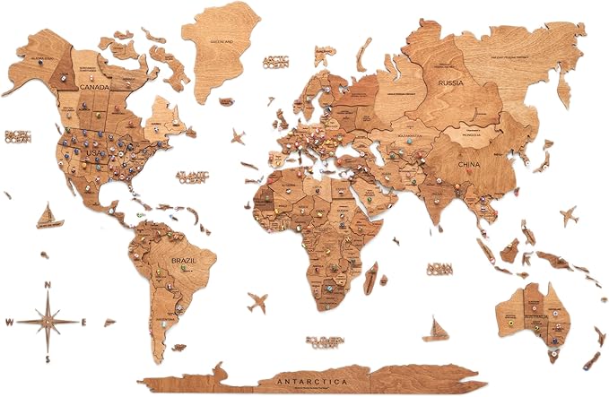 Enjoy The Wood 3D Wooden World Map Wall Art - Large Travel Map with Pins for Art Decor - Decorative Map of the World for Home, Office - Travel Wall Art Housewarming Gift Idea (Oak, M, Unframed)