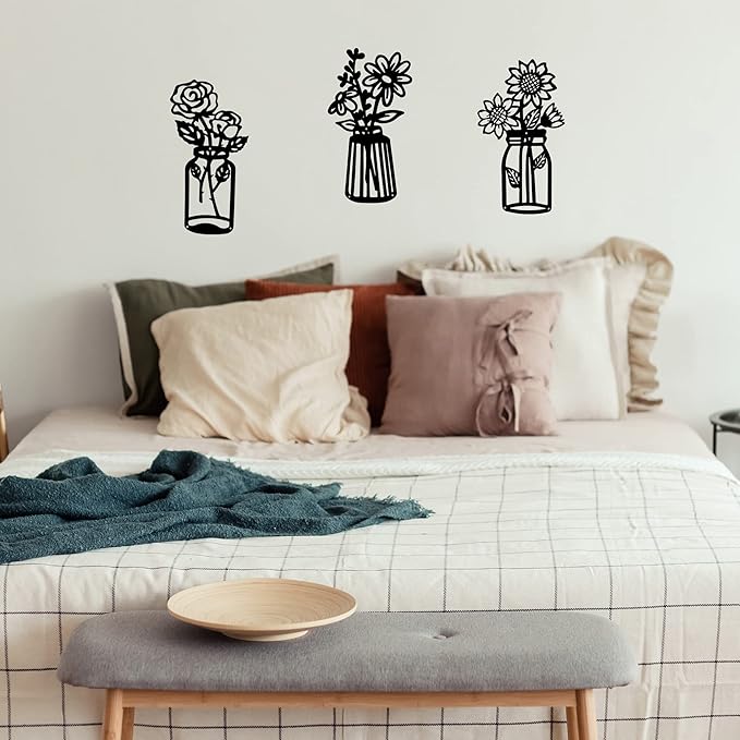 qzmaikoo 3 Pieces Sunflower Roses Daisy Black Metal Flowers Wall Decor Metal Vase Wall Art Metal Wall Sculptures Hanging for Indoor Kitchen Bathroom Bedroom Living Room,14.56x7.87 inches