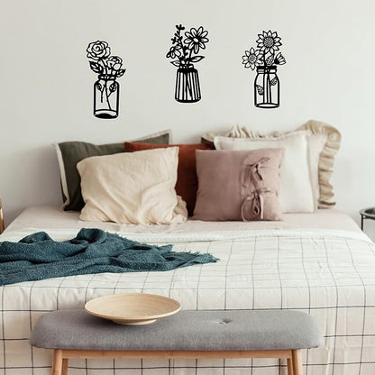 qzmaikoo 3 Pieces Sunflower Roses Daisy Black Metal Flowers Wall Decor Metal Vase Wall Art Metal Wall Sculptures Hanging for Indoor Kitchen Bathroom Bedroom Living Room,14.56x7.87 inches