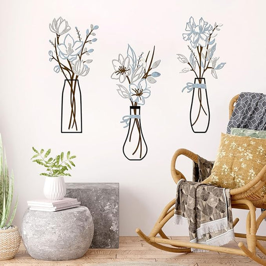 3 Pcs Metal Flowers Wall Arts Rustic Farmhouse Decor Bathroom Wall Decor Metal Wall Decor for Living-room Dining-Room Kitchen Minimalist Decor Housewarming Gifts (Blue Brown)