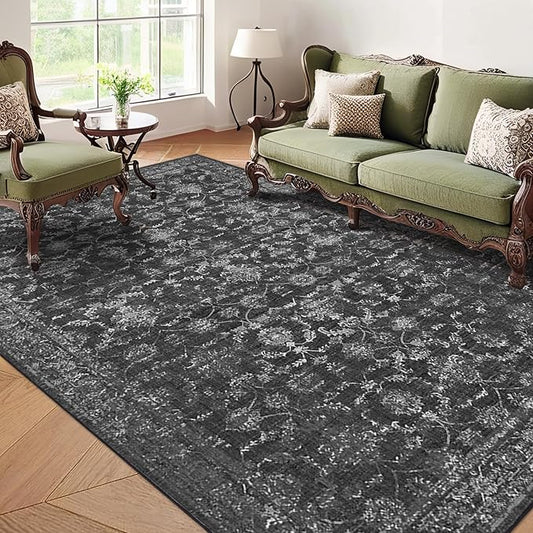 Washable Area Rug 5x7 Black Rugs for Living Room, Vintage Boho Large Rug for Bedroom Dining Room Office, Distressed Floral Print Carpet for Under Table, Soft Non Slip Low Pile Throw Carpet Indoor Mat