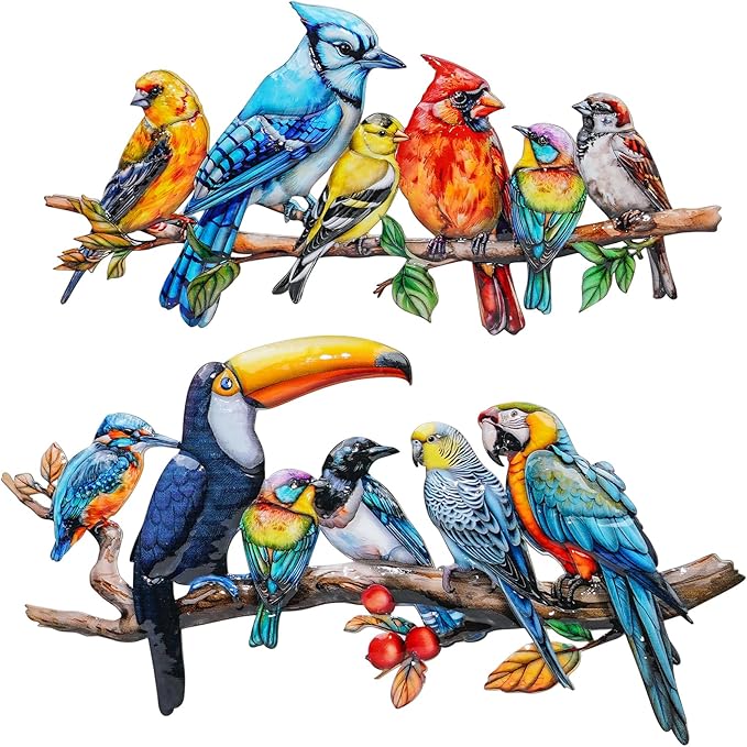 YOADEHOA 2Pcs Metal Bird Outdoor Wall Art Decor, Hummingbird Wall Silhouette Art, Bird on Branch Wall Sculpture Hanging Indoor Outdoor for Yard Garden and Patio (Birds D)