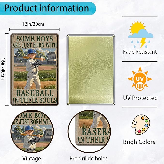 Baseball Poster Baseball Metal Tin Sign Some Boys Are Born With Baseball In Their Souls Signs Home Decor Garage Bar Restaurant Kitchen Cafe Bar Pub 12x16 Inch Wall Art Decor