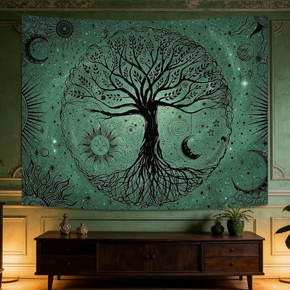 Leeisysme Tree of Life Sun Moon Tapestry, Aesthetic Line Art Wall Hanging for Living Room Bedroom Home Decor, Green 60x80 inches