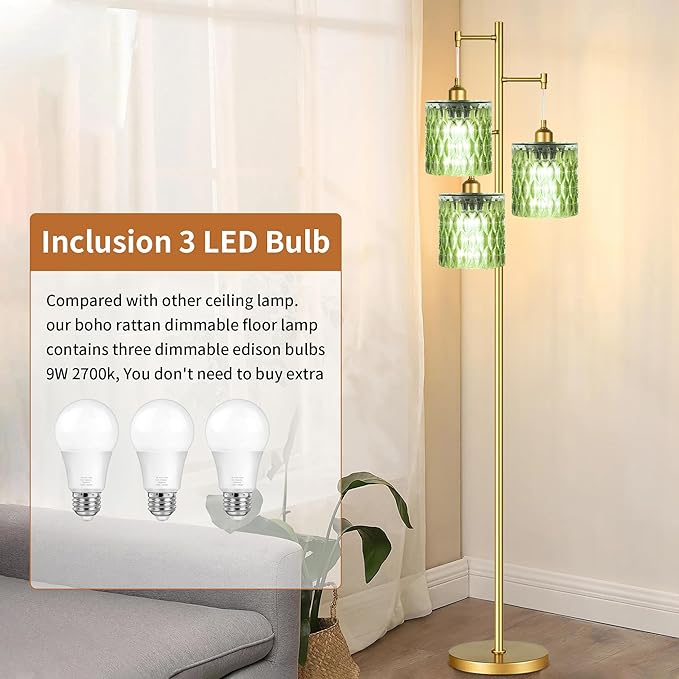 AHDWDW Gold Floor Lamp for Living Room Bedroom,3 Lights Vintage Tree Floor Lamps with Green Glass Shades,Mid Century Modern Floor Lamp for Corner Office,68IN Unique Tall Standing Lamp with Bulbs