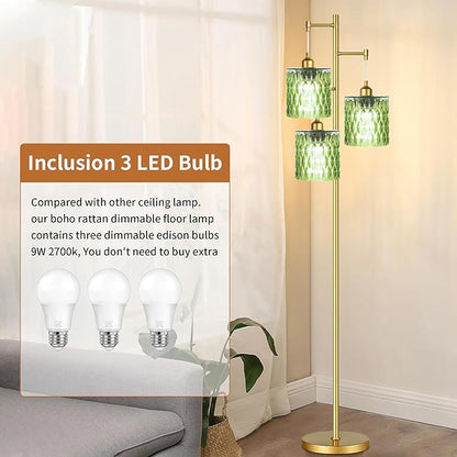 AHDWDW Gold Floor Lamp for Living Room Bedroom,3 Lights Vintage Tree Floor Lamps with Green Glass Shades,Mid Century Modern Floor Lamp for Corner Office,68IN Unique Tall Standing Lamp with Bulbs