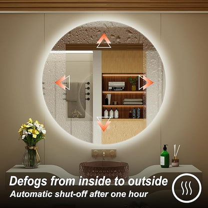 30 Inch Round LED Bathroom Mirror with Light, 3 Color Temperatures (3000K/4500K/6000K), Anti-Fog, Dimmable Backlit, Frameless Round Lighted Bathroom Mirror