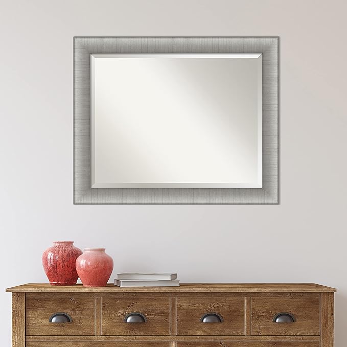 Amanti Art Silver Bathroom Mirror for Over Sink, 27x33 Elegant Brushed Pewter Rectangle Vanity Mirror, Large Casual Frame, Hangs Horizonally and Vertically, Bathroom Wall Decor, Beveled Edge