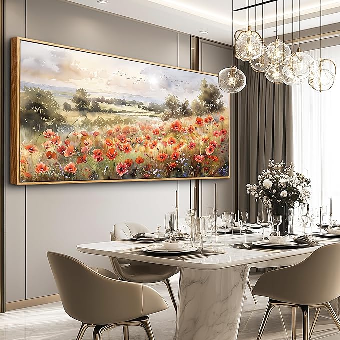 QIYILEXWART Canvas Wall Art For Living Room Large Wall Decor For Office Bedroom Decorations Red Blooms Field Landscape Pictures Farmhouse Painting Artwork Room Wall Mural Aesthetic Home Decor 30x60 In