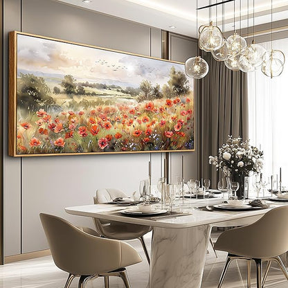 QIYILEXWART Canvas Wall Art For Living Room Large Wall Decor For Office Bedroom Decorations Red Blooms Field Landscape Pictures Farmhouse Painting Artwork Room Wall Mural Aesthetic Home Decor 30x60 In