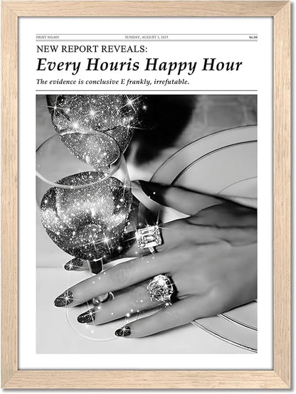 Wood Framed Newspaper Wall Art Print, Glam Sparkling Cocktail Happy Hour Poster Wall Decor, Black and White Vintage Aesthetic Canvas Picture for Bar Living Room Apartment Girls Room Decor 12x16 inch