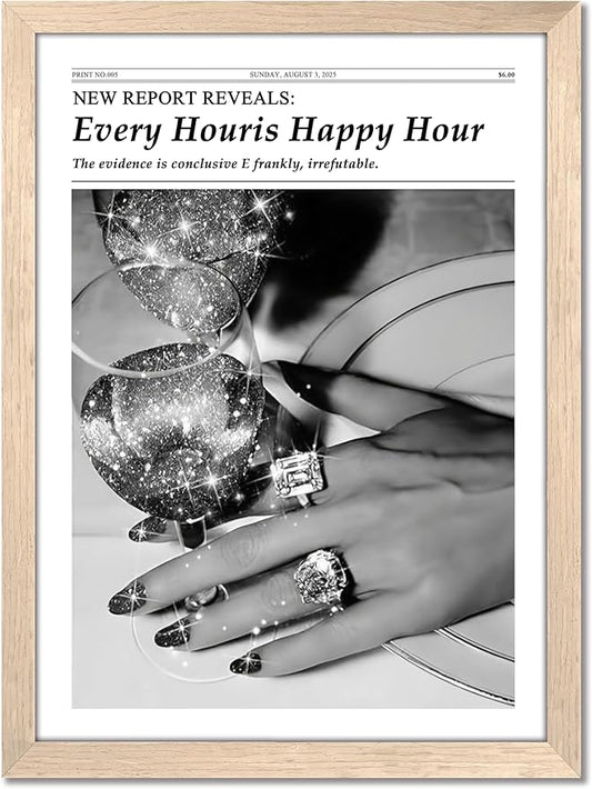 Wood Framed Newspaper Wall Art Print, Glam Sparkling Cocktail Happy Hour Poster Wall Decor, Black and White Vintage Aesthetic Canvas Picture for Bar Living Room Apartment Girls Room Decor 12x16 inch