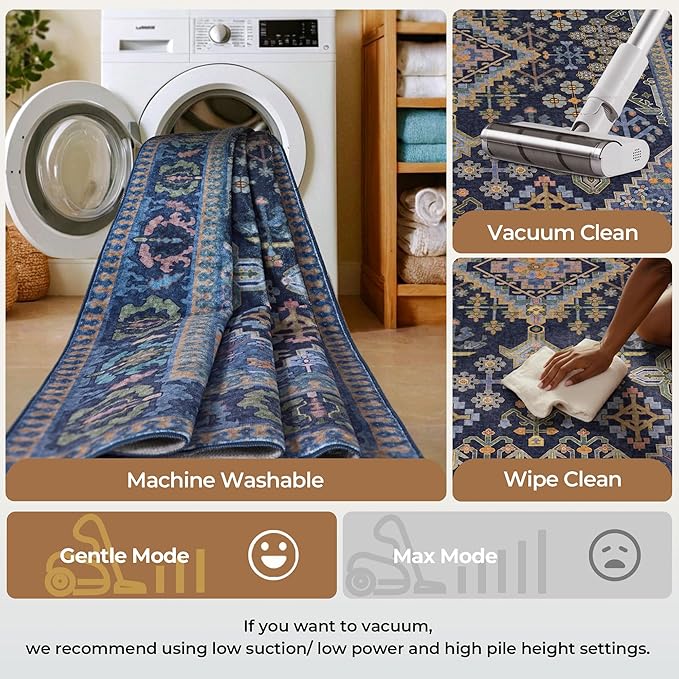 Kokia 9x12 Area Rugs for Living Room, Machine Washable Low Pile Rug, Non Slip Backing Boho Rugs for Bedroom, Printed Soft Vintage Carpet Navy Blue Green 9 x 12