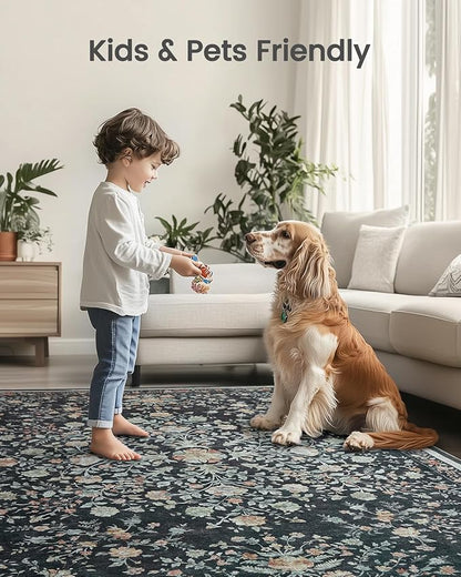 AMADA HOMEFURNISHING 6x9 Area Rugs, Washable Low-Profile Large Living Room Rug with Non-Slip Backing & Durable Edge Binding, Soft Vintage Rug for Bedroom, Dinning Room, Home Office