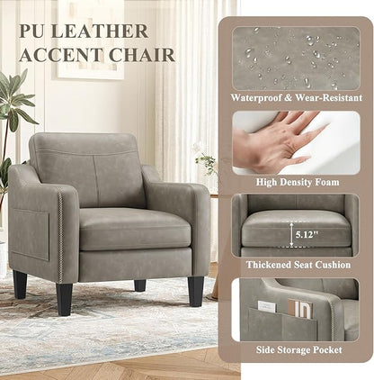 MALOL PU Leather Accent Chair, Mid-Century Modern Living Room Armchair Sofa with Removable Cushions, Solid Wood Frame & Stitched Armrest Design, Bedroom Chair with Plastic Legs, Grey