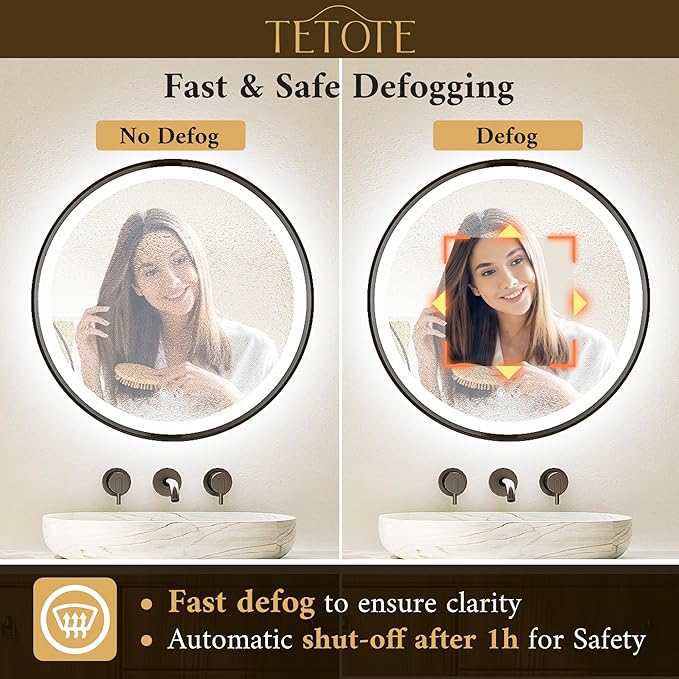 TETOTE Round Led Lighted Bathroom Mirror Matte Black Frame 36 Inch Front and Backlit Circle Round Light up Vanity Mirror with Lights, 3 Color Illuminated Dimmable Anti Fog Wall Mount, IP54 CRI 90+