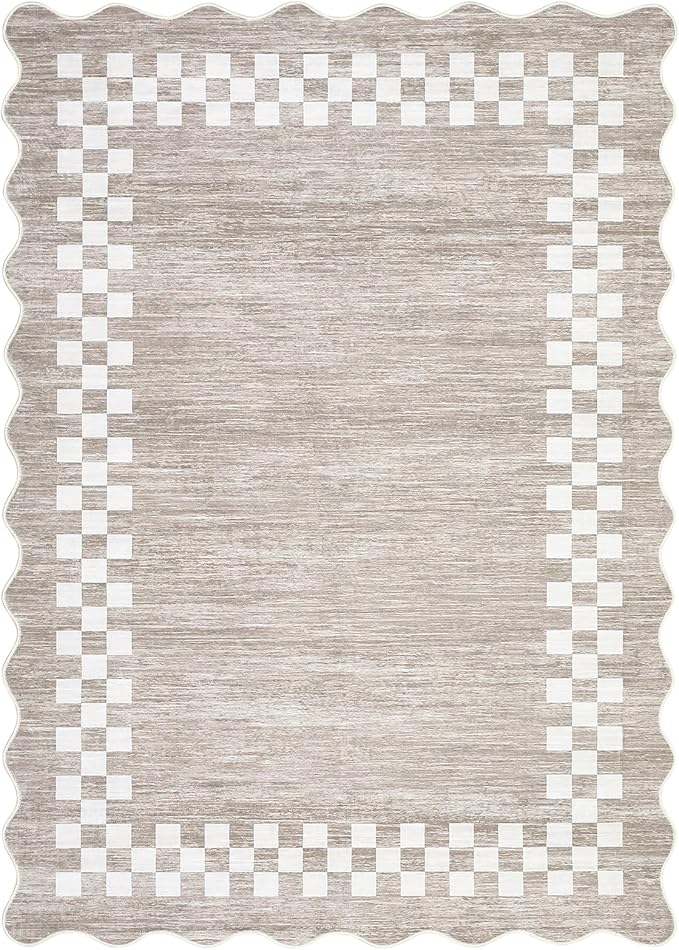 Small Area Rug 2x3 Modern Checkered Entry Rug Solid Color Scalloped Kitchen Rugs Washable Bedroom Doormat Non Slip Stain Resistant Bordered Throw Carpet for Living Room Nursery Laundry, Fog